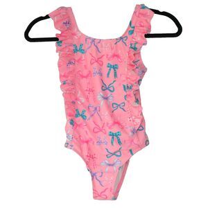 Tahari SwimSuit One Piece Pink Bows Girls Size 10 vertical ruffles
